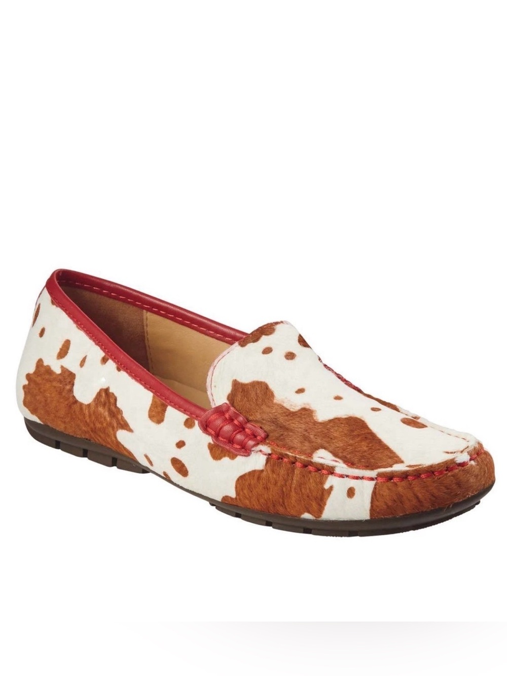 Vaneli Womens 8 Mukki Loafers Tan White Red Cow Print Calf Hair Driving Mocs